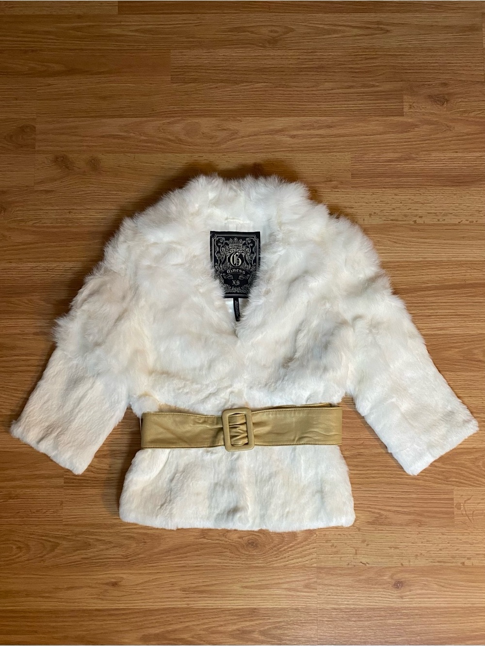Brand New - Guess by Marciano Girls Cream Faux Fur Jacket with Gold Belt Accent